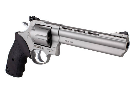 Taurus 44 Magnum stainless steel Revolver has a 6 round capacity and 6.5" vent ribbed barrel
